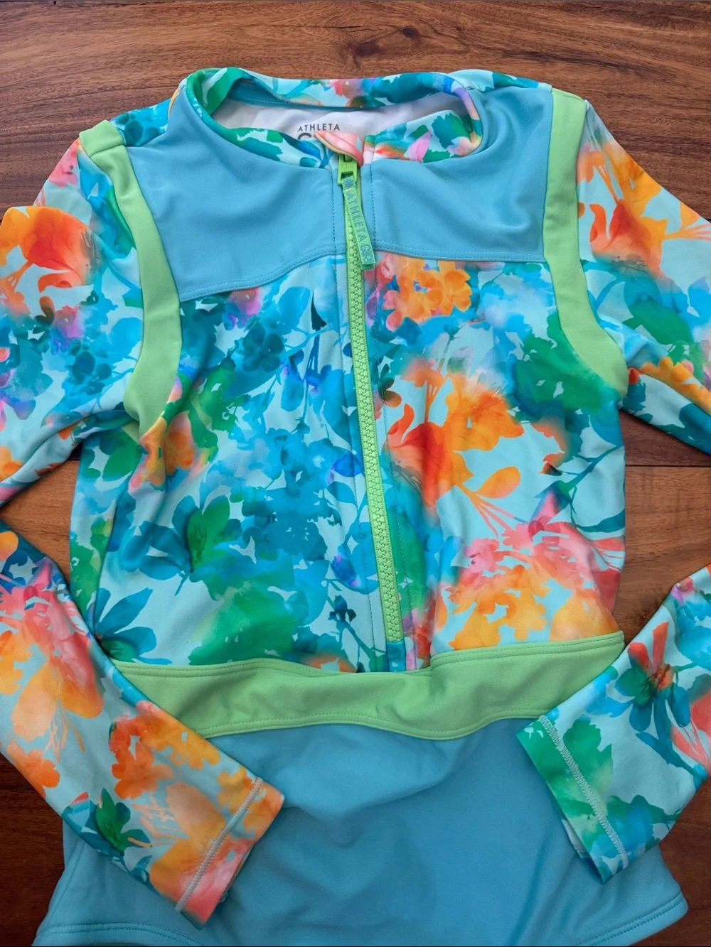 NWOT Athleta Girl Floral Aqua and Orange Long-Sleeve One-Piece Rash Guard